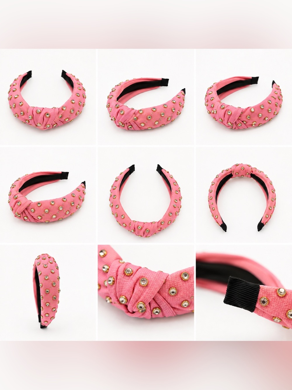 Pink Knotted Headband with Gold Stud Embellishments